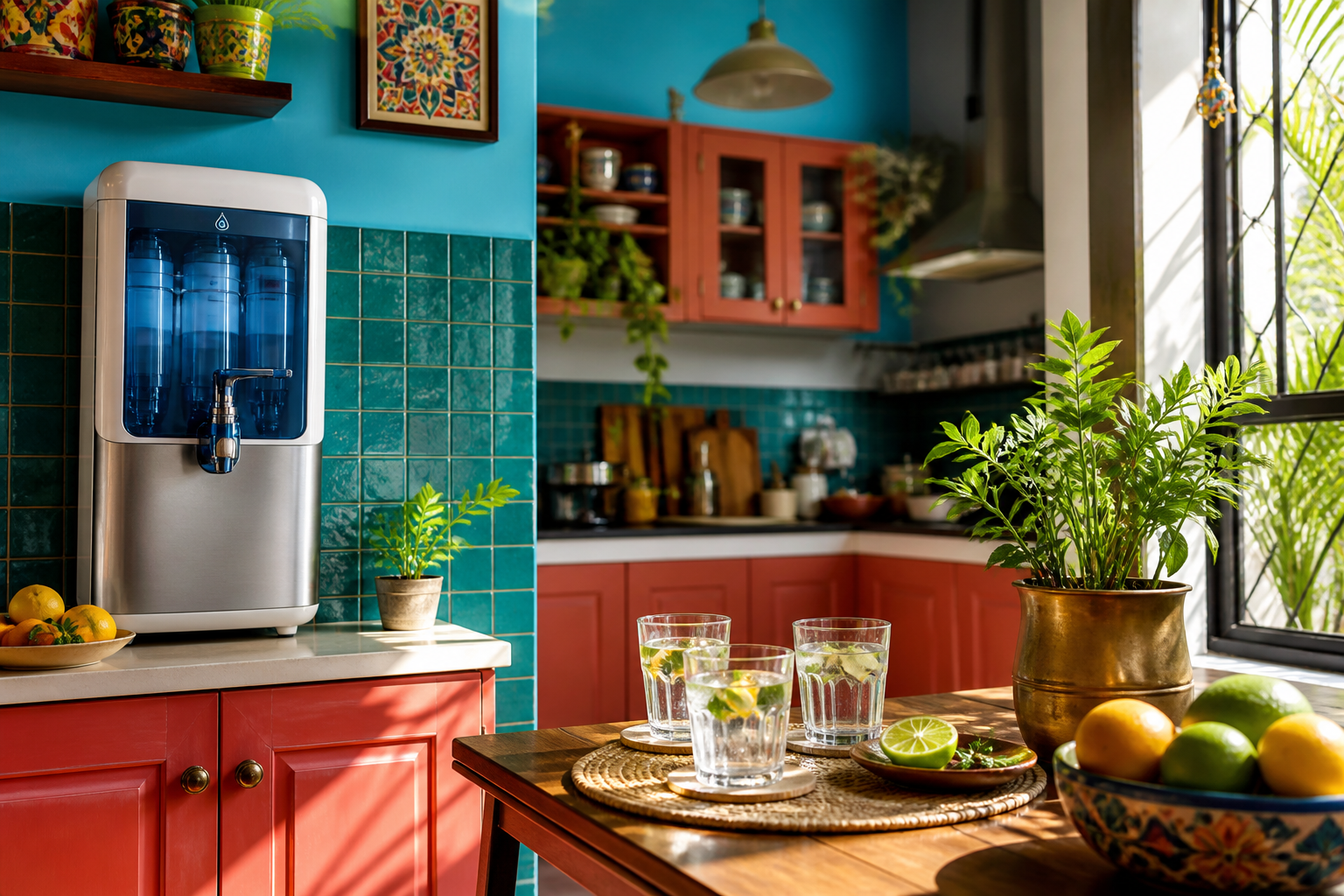 Sunny kitchen with purifier and citrus on the table