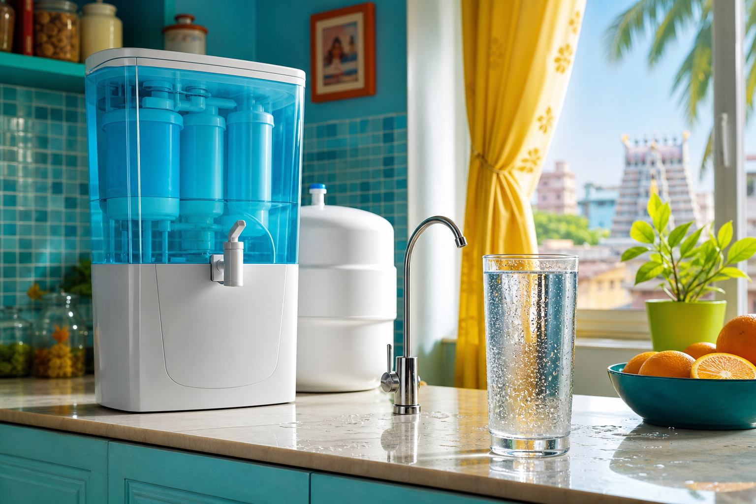Aquamatics RO purifier in a bright kitchen with a glass of water